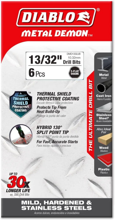 Diablo DMD1332JB Metal Demon Drill Bit with Thermal Shield Protective Coating for Mild, Hardened and Stainless Steel - 5.2" Length, 13/32" Diameter, 3-Flats Shank