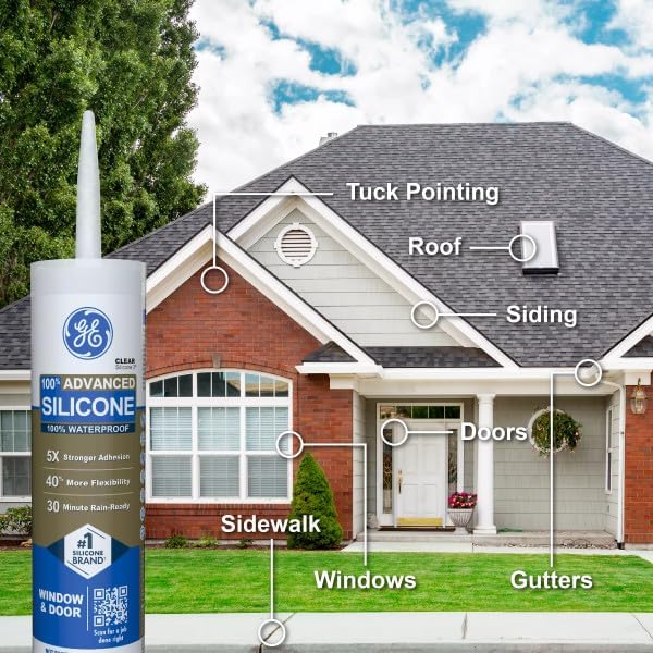 GE Advanced Silicone Caulk for Window & Door, Clear, 10 fl oz Cartridge - 100% Waterproof Silicone Sealant, 5X Stronger Adhesion, Shrink & Crack Proof (Pack of 12)