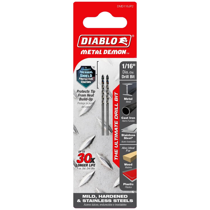 Diablo DMD116JP2 Metal Demon Drill Bits for Mild, Hardened and Stainless Steels - 1/16-Inch Diameter, CYL Shank, 1.7-Inch Length (Pack of 2)
