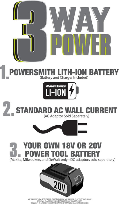 PowerSmith Voyager PVLR8000A 8000 Lumen Collapsible Cordless Tripod LED Work Light with Battery, Charger & Carry Bag Included. Optional 3-Way Power, Remote Control , Black