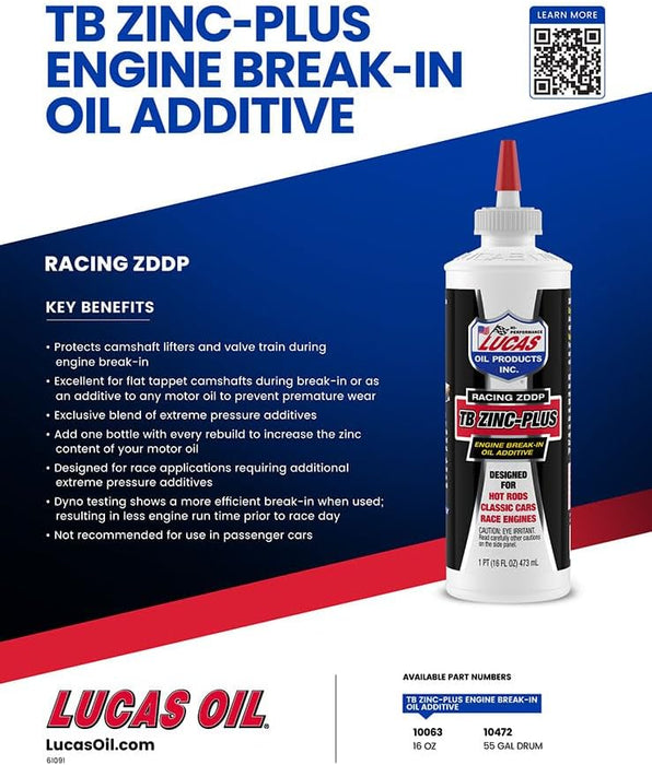 Lucas Oil 10063 Engine Break in Oil Additive w/TB Zinc Plus - 16 Ounce (Pack of 12)