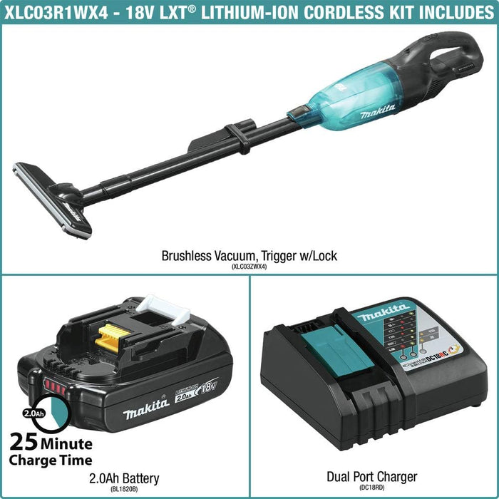 Makita XLC03R1WX4 18V LXT Lithium-Ion Compact Brushless Cordless Vacuum Kit, Trigger W/Lock (2.0Ah), White