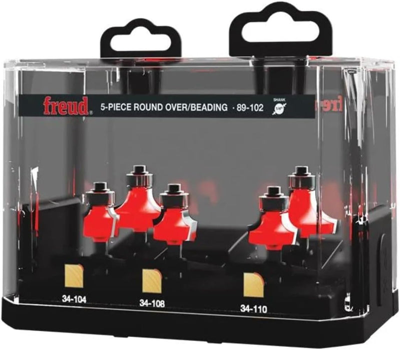 Freud 5 Piece Round Over/Beading Bit Set - Ideal for Rounding & Beading Edges on Furniture - 1/4" Shank & 3/8" Bearing - 89-102