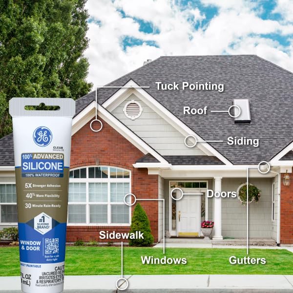 GE Advanced Silicone Caulk for Window & Door, Clear, 2.8 fl oz Tube, 100% Waterproof Silicone Sealant, 5X Stronger Adhesion, Freeze & Sun Proof (Pack of 12)
