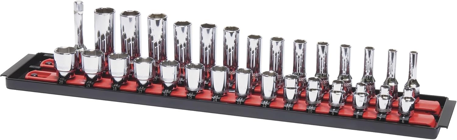 Ernst Manufacturing - 8453 Socket Boss 2-Rail 3/8-Inch-Drive Socket Organizer, 19-Inch, Red - Socket Storage Tray and Organization System for Mechanics and Automotive Service Technicians - Made in USA 19-INCH 3/8" Red