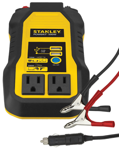 STANLEY PI500S Power Inverter 500W Car Converter: Dual AC Outlets, 3.1A USB Ports, 12V DC Adapter, Battery Clamps