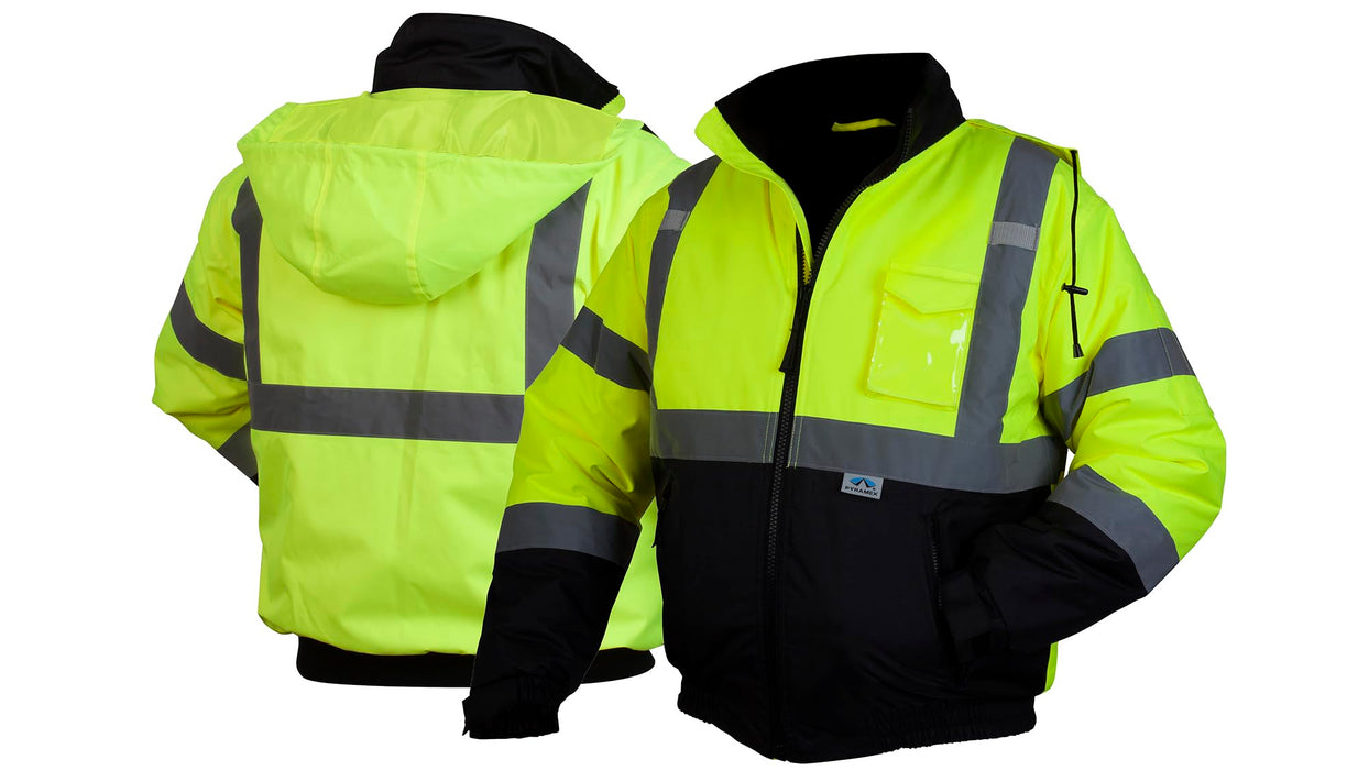 Pyramex RJ3210L Unisex Safety Jacket Hi-Vis Lime Bomber Jacket with Quilted Lining - Large