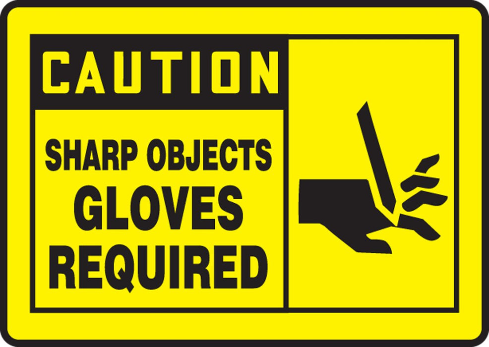 Accuform MPPE468VP Plastic Sign, "Caution Sharp Objects Gloves Required", 10" Length x 14" Width x 0.055" Thickness, Plastic