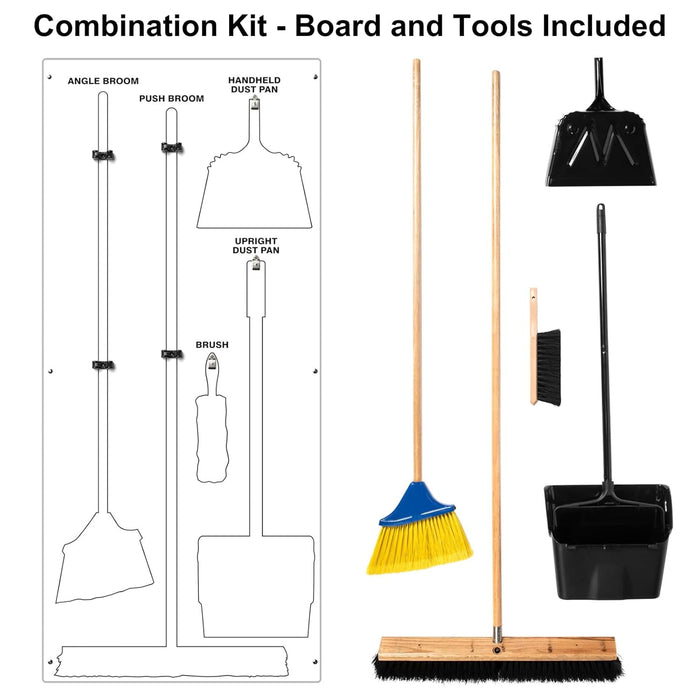 Clean & Sweep 5S Shadow Board/Wall Mount Broom Holder, 68" x 30" Board, 5S Cleaning Station - with Broom and Dustpan Set Included, PSB616WTWT White/White Max-Duty Aluminum