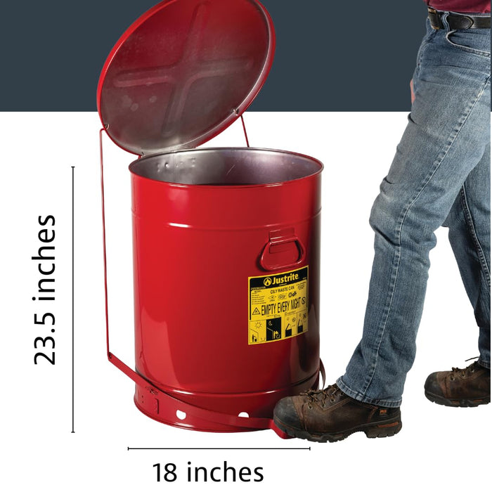 Justrite 21 Gallon Galvanized Steel Oily Waste Can, 23.5" x 18" Metal Oil Rag Safety Can with Foot Operated Self-Closing Lid for Oil Rag Disposal, Made in The USA, Red, 09700