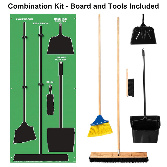 Clean & Sweep PSB616GNBK 5S Shadow Board/Wall Mount Broom Holder, 68" x 30" Board, 5S Cleaning Station with Broom and Dustpan Set Included, Green/Black