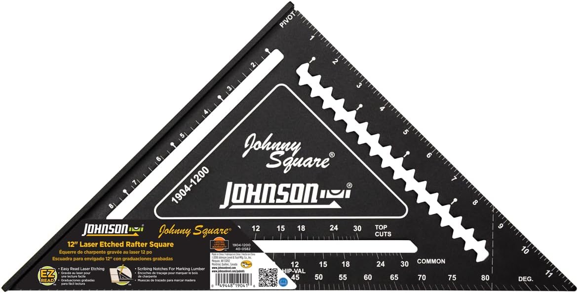 Johnson Level & Tool 1904-1200 Johnny Square Professional Easy-Read Aluminum Rafter Square, 12", Black
