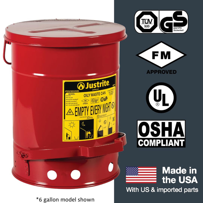 Justrite 21 Gallon Galvanized Steel Oily Waste Can, 23.5" x 18" Metal Oil Rag Safety Can with Foot Operated Self-Closing Lid for Oil Rag Disposal, Made in The USA, Red, 09700