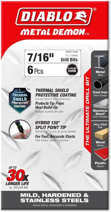 Diablo DMD716JB Metal Demon Drill Bit with Thermal Shield Protective Coating for Mild, Hardened and Stainless Steel, 5.6" Length, 7/16" Diameter, 3-Flats Shank (Pack of 2)