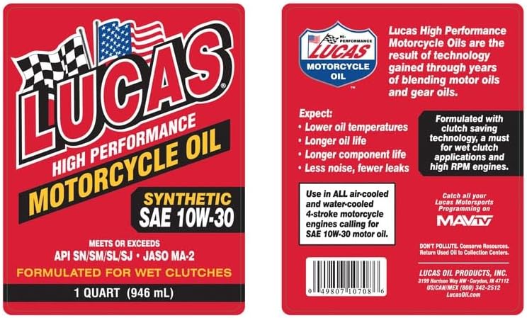 Lucas Oil 10708 High Performance Synthetic SAE 10W-30 Motorcycle Oil, 1 Quart (Pack of 6)