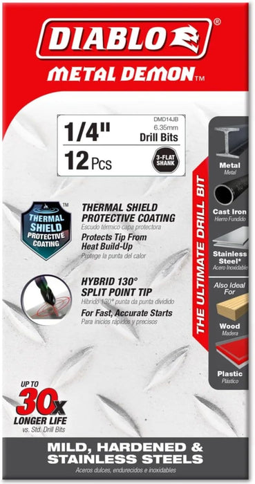 Diablo DMD14JB Metal Demon Drill Bit with Thermal Shield Protective Coating for Mild, Hardened and Stainless Steel - 4" Length, 1/4" Dia., 3-Flats Shank