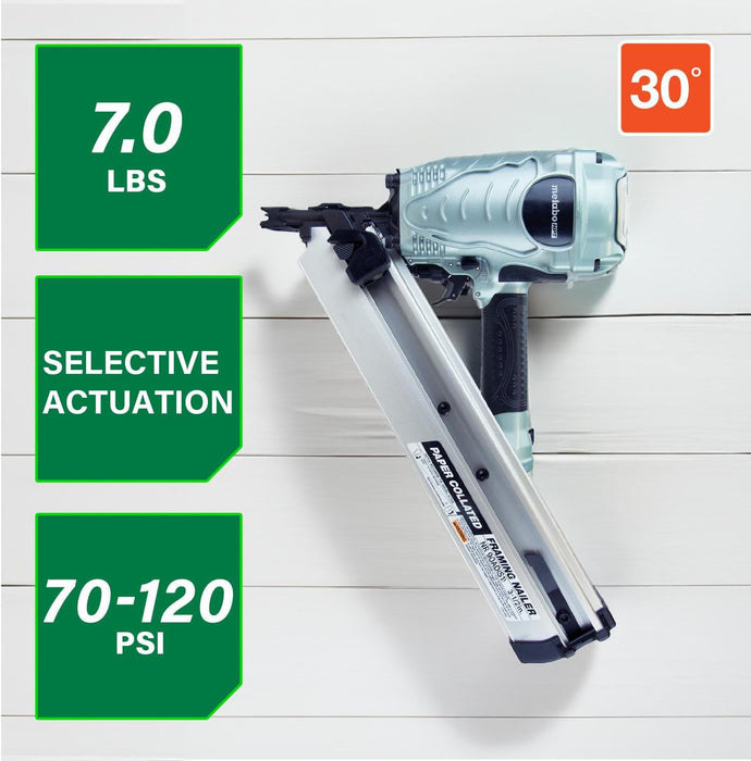 Metabo HPT (NR90ADS1M) Framing Nailer, Pro-Preferred Framing Tool For Flooring, Truss Build-Up, Roof Decking, and Housing Construction, Quick Switch Nailing, 3-1/2" 30° Paper Collated Nails