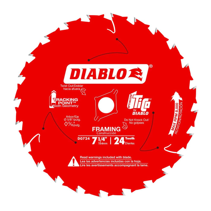 Diablo D0724X Framing Saw Blade for Wood, 7-1/4" Diameter, 24 ATB Teeth, 5/8" Arbor, .059" Kerf, 15° Hook Angle, .040" Plate, 8000 Max RPM