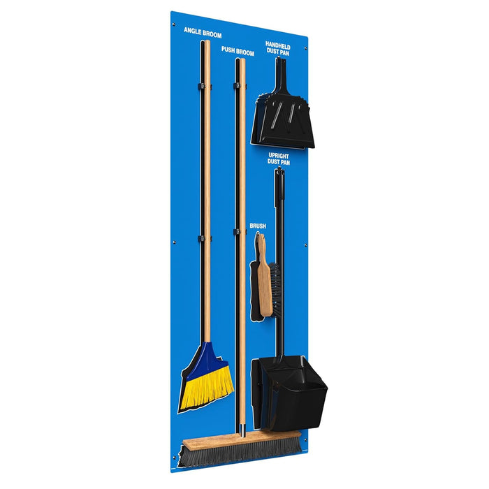 Clean & Sweep PSB616BUBK 5S Shadow Board/Wall Mount Broom Holder, 68" x 30" Board, 5S Cleaning Station with Broom and Dustpan Set Included, Blue/Black