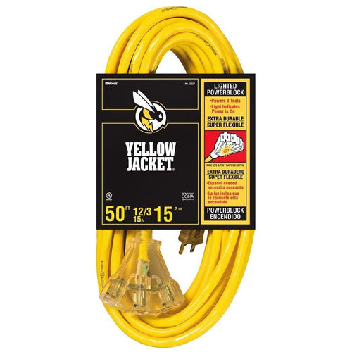 50 ft. 12/3 SJTW Multi-Outlet (3) Outdoor Heavy-Duty 15 Amp Contractor Extension Cord with Power Light Block