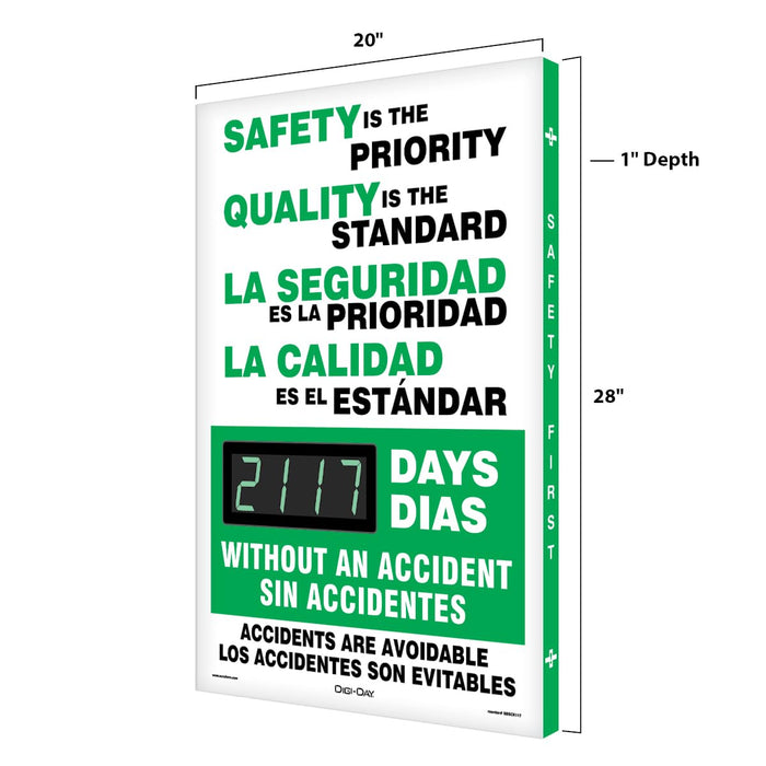 Accuform SBSCK117 Digi-Day Spanish Bilingual Electronic Safety Scoreboard, Track Days We Worked Without A Lost Time Accident, Aluminum 28”L x 20”W x 1”D, Bright LED Display with Remote