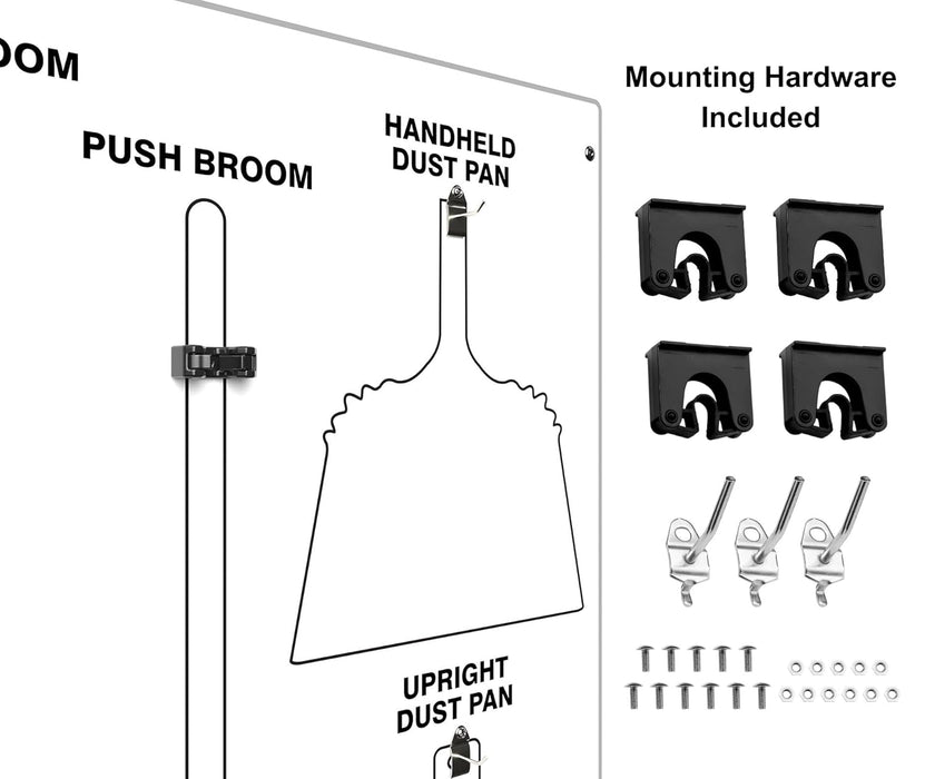 Clean & Sweep PSB716WTWT 5S Shadow Board/Wall Mount Broom Holder, 68" x 30" Board, 5S Cleaning Station with Broom and Dustpan Set Included, White/White