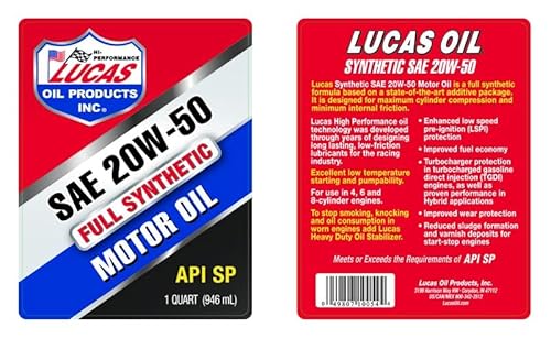 Lucas Oil 10054 SAE 20W-50 Synthetic Racing Oil - Bottle, 1 Quart (32 Ounces)