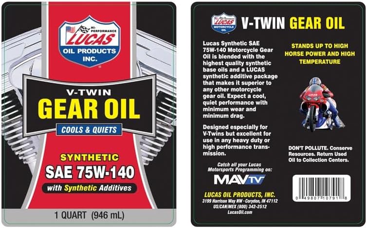 Lucas Oil 10791 Synthetic SAE 75W-140 V-Twin Gear Oil, 1 Quart