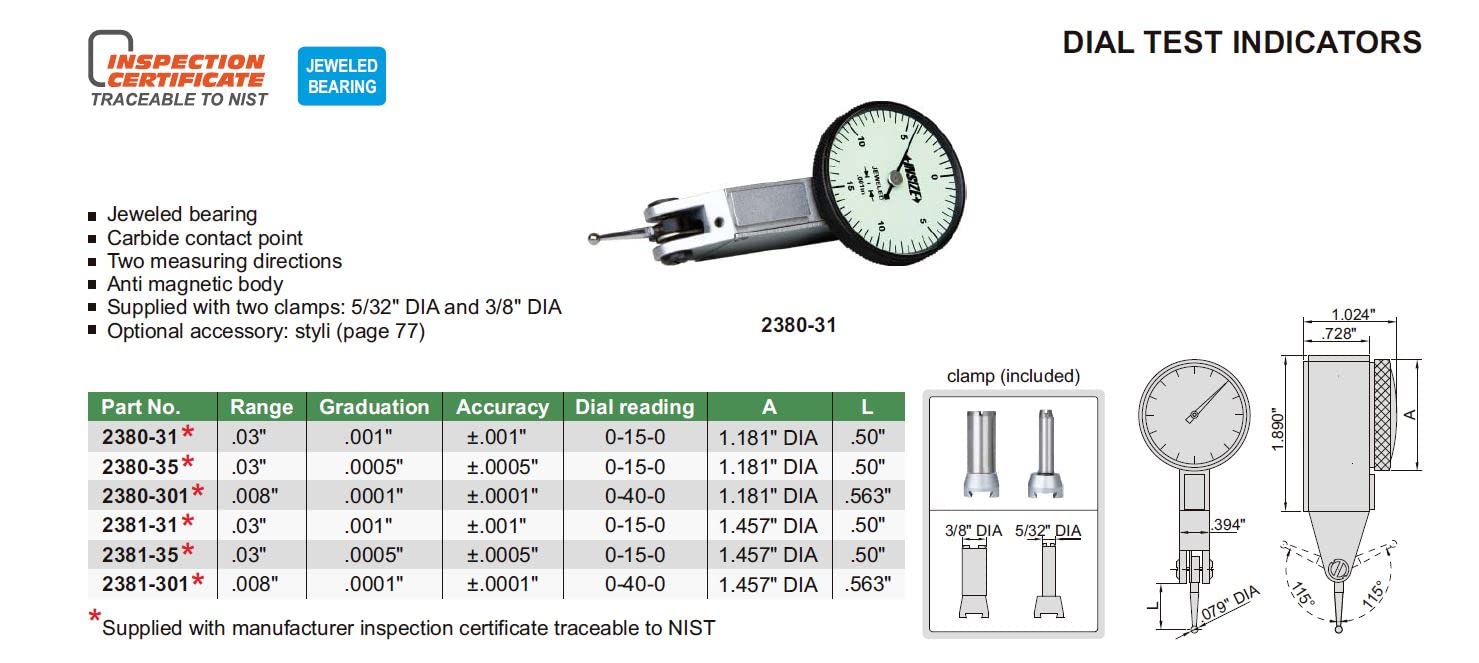 INSIZE 2380-35 Dial Test Indicator, Graduation 0.0005", 0.03"
