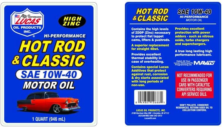 Lucas Oil 10688 Hot Rod & Classic Car SAE 10W-40 Motor Oil, 1 Quart (Pack of 6)