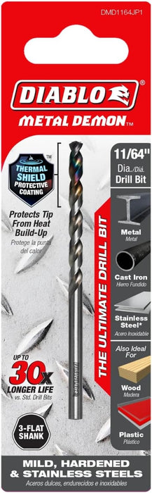 Diablo Metal Demon Drill Bits for Mild, Hardened and Stainless Steels - 11/64-Inch Diameter, 3-Flats Shank, 3.1-Inch Length - DMD1164JP1