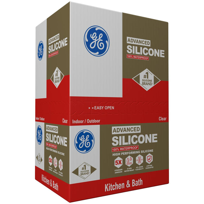 GE Advanced Silicone Caulk for Kitchen & Bathroom, Clear, 10 fl oz Cartridge, 100% Waterproof Silicone Sealant, 5X Stronger Adhesion, Shrink & Crack Proof (Pack of 12)