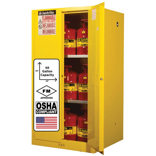 Justrite 896000 60 Gallon Manual Close Flammable Storage Cabinet, 18 Gauge Steel, 2 Shelves, 2 Door Fire Cabinet, 65" x 34" x 34", Yellow