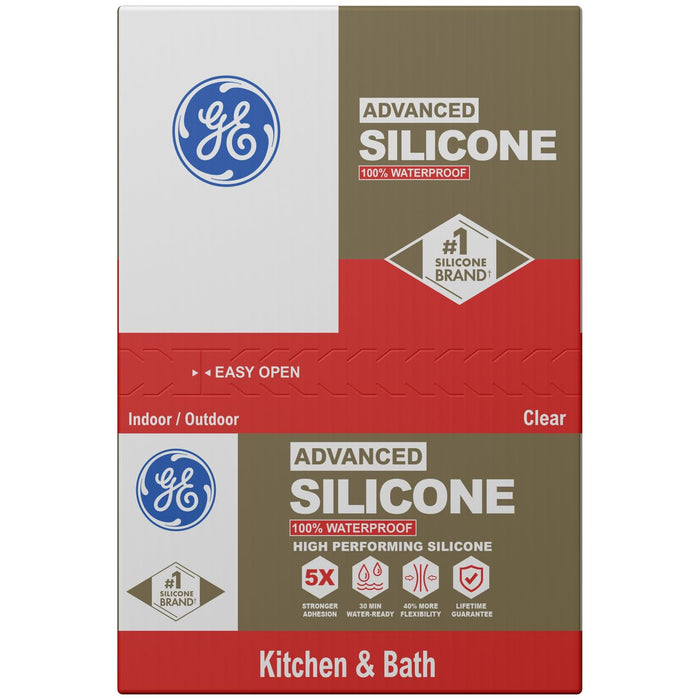 GE Advanced Silicone Caulk for Kitchen & Bathroom, Clear, 10 fl oz Cartridge, 100% Waterproof Silicone Sealant, 5X Stronger Adhesion, Shrink & Crack Proof (Pack of 12)