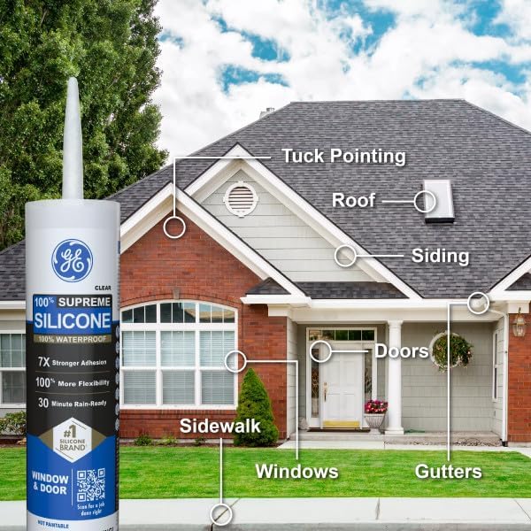 GE Supreme Silicone Caulk for Window & Door, Clear, 10 fl oz Cartridge, 100% Waterproof Silicone Sealant, 7X Stronger Adhesion, Shrink & Crack Proof (Pack of 12)