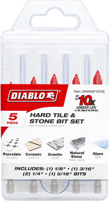 Diablo Hard Tile & Stone Carbide Tipped Drill Bit Set - Ideal for Hammer and Rotary Drills - Hex Shank, 3-1/2" Length, 5 Pieces Bits - DMANSP1070S