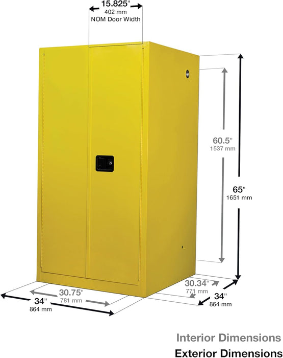 Justrite 896000 60 Gallon Manual Close Flammable Storage Cabinet, 18 Gauge Steel, 2 Shelves, 2 Door Fire Cabinet, 65" x 34" x 34", Yellow