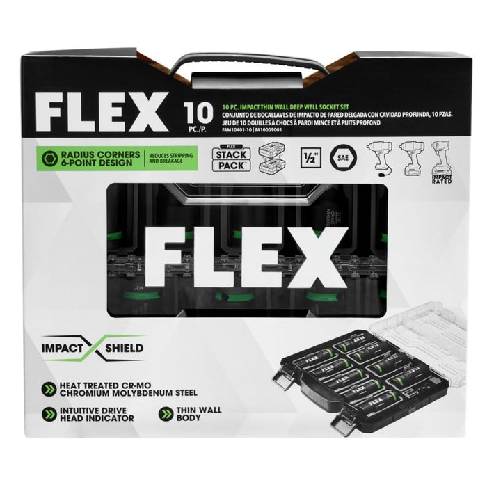FLEX STACK PACK 10-Piece Thin Wall Deep Well 6-Point 1/2-Inch Drive Impact Nut Socket Set