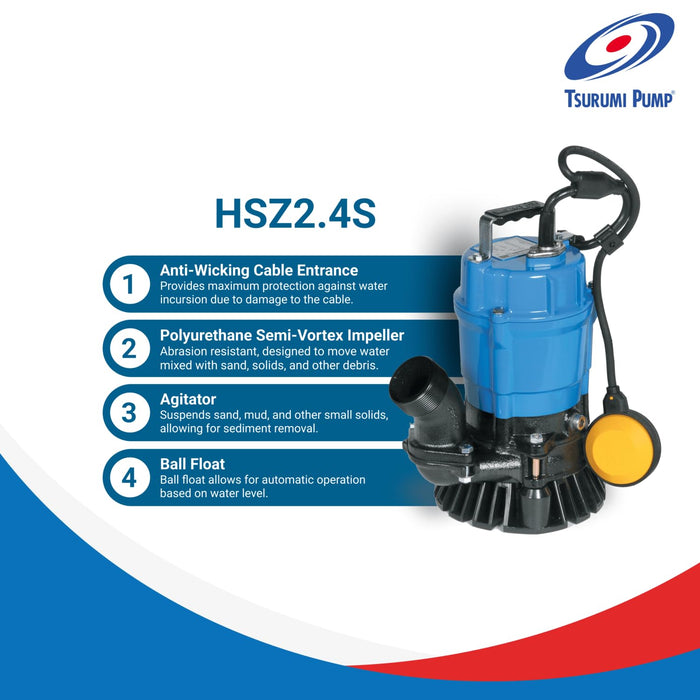 Tsurumi Pump HSZ2.4S, Submersible Trash Pump, Float Switch, 1/2 HP, 115V, 2 in Discharge, 53 GPM / 3180 GPH