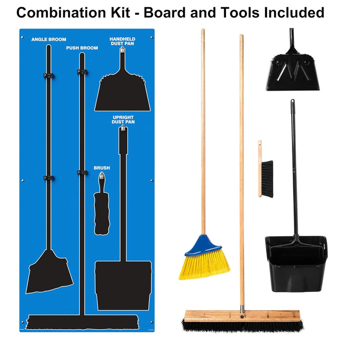 Clean & Sweep PSB616BUBK 5S Shadow Board/Wall Mount Broom Holder, 68" x 30" Board, 5S Cleaning Station with Broom and Dustpan Set Included, Blue/Black
