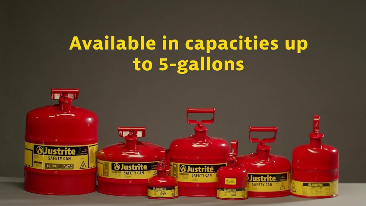 Justrite 2 Gallon Type I Red Safety Gas Can for Gasoline with Flame Arrester and Self-Closing Lid, Made in the USA, Galvanized Steel Flammable Storage Can, 7120100