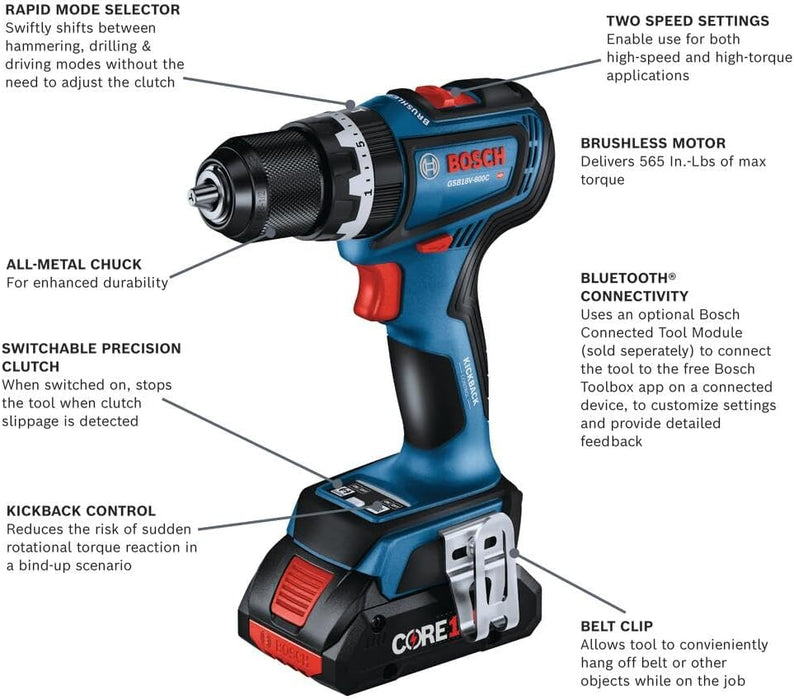 BOSCH GSB18V-800CB14 1/2 In. Brushless Connected-Ready Hammer Drill/Driver Kit with (1) CORE18V 4 Ah Advanced Power Battery