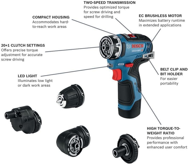 BOSCH GSR12V-300FCB22 12V Max EC Brushless Flexiclick 5-In-1 Drill/Driver System with (2) 2 Ah Batteries Starter-Kit