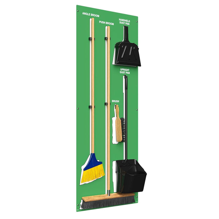 Clean & Sweep PSB616GNWT 5S Shadow Board/Wall Mount Broom Holder, 68" x 30" Board, 5S Cleaning Station with Broom and Dustpan Set Included, Green/White