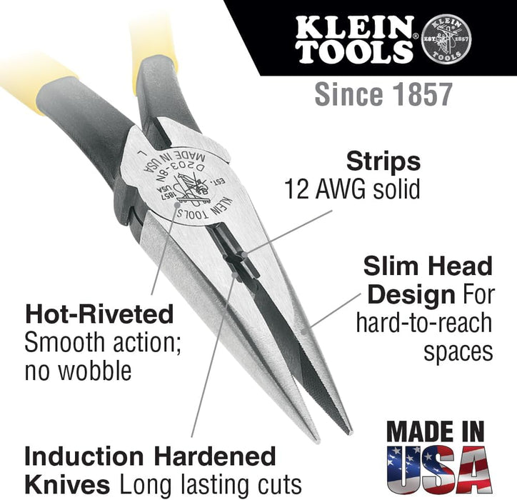 Klein Tools J203-8N Pliers, Needle Nose Side-Cutters, Stripping, 8-Inch