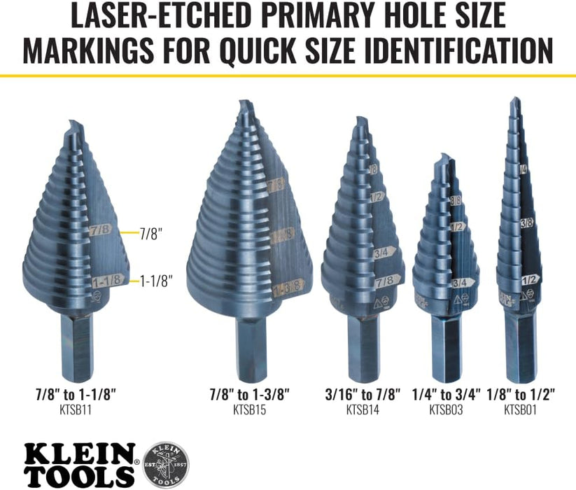 Klein Tools KTSB11 2-Step Drill Bit, 3/8-Inch Hex, Double Straight Flute, 7/8-Inch to 1-1/8-Inch