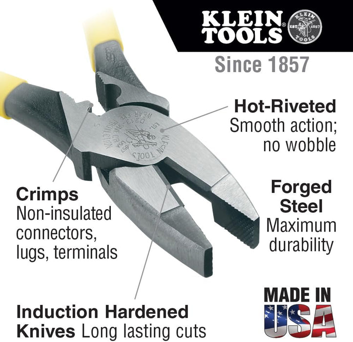 Klein Tools D213-9NE-CR Lineman's Crimping Pliers, Made in USA, Streamlined High-Leverage Design Made of Induction Hardened Steel, 9-Inch
