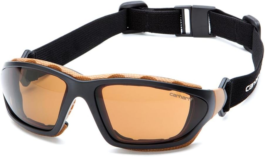 Carhartt Carthage Safety Eyewear with Vented Foam Carriage, Sandstone Bronze Anti-fog Lens, Black/Tan Frame