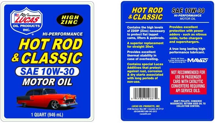 Lucas Oil 10687 Hot Rod & Classic Car SAE 10W-30 Motor Oil, 1 Quart (Pack of 6)