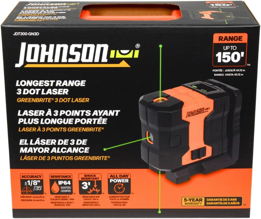 Johnson JDT300-GN3D Laser Level, Self-Leveling Kit 3 Dot Laser with GreenBrite Technology, Magnetic Base, Hard-shell Carry Case, Floor Mount
